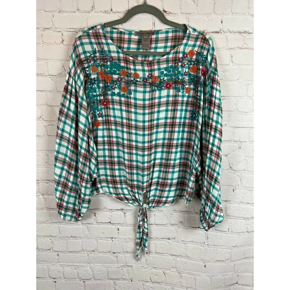 SHARON YOUNG check plaid embroidered cropped top straps shirt blouse rayon XS